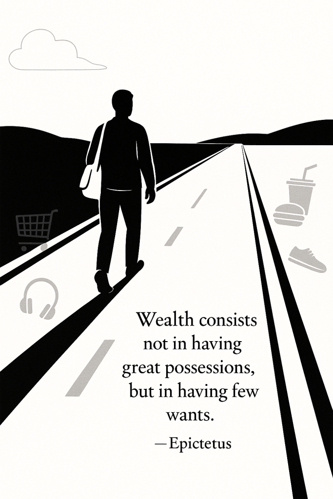 Silhouette of a person walking on a long road, with a shopping cart, headphones, a drink cup, and sneakers illustrated along the sides. The quote by Epictetus reads: 'Wealth consists not in having great possessions, but in having few wants.'