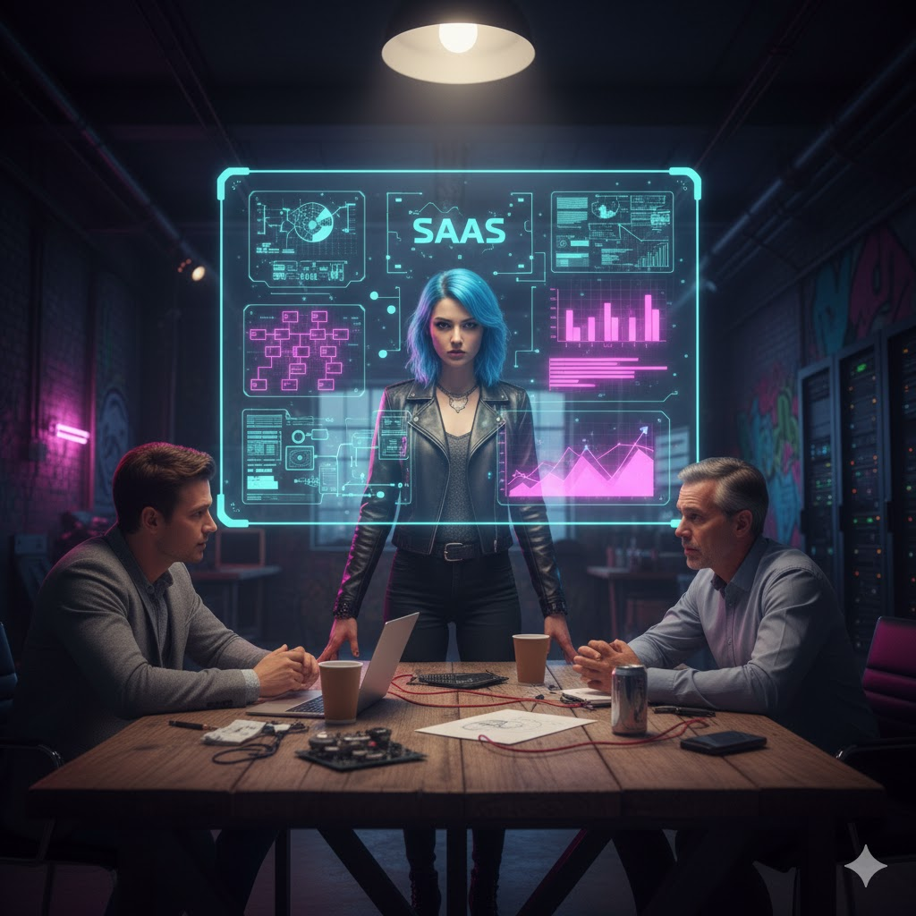 A young woman with blue hair stands in front of a futuristic digital display showcasing various SaaS analytics, while two men seated at a table discuss and analyze information in a tech-focused workspace.