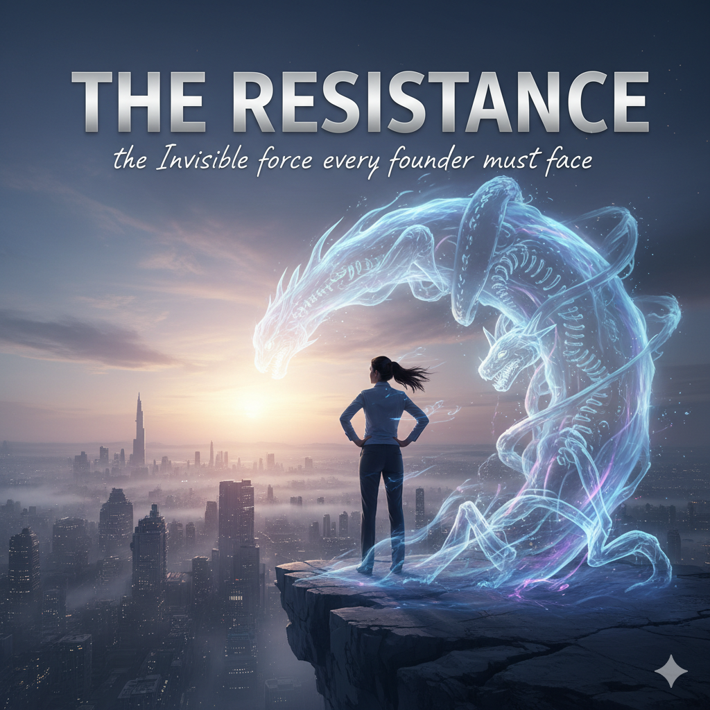 A business professional stands confidently on a cliff overlooking a cityscape, with an ethereal dragon representation of 'The Resistance' swirling around them against a dramatic sky.
